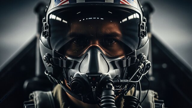 Focused fighter pilot in high-tech helmet cockpit with intense gaze