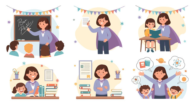 Female teacher as a superhero educating children in various classroom settings.