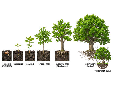 Tree growth stages from acorn to mature oak ecosystem cycle