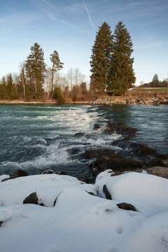 The Lech river at Litzauer Schleife nature reserve in winter, Bavaria
