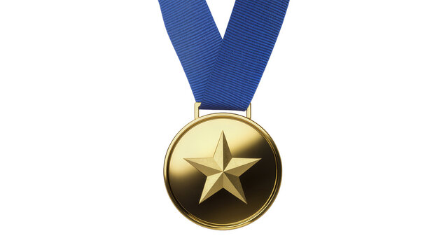 Gold medal with embossed star and blue ribbon, isolated on transparent background