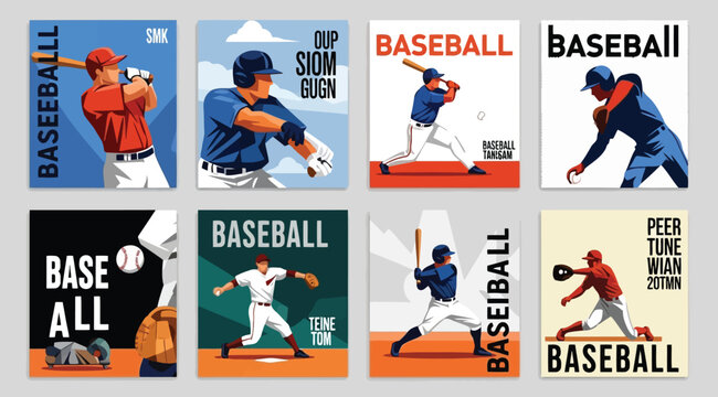 Collection of eight baseball themed posters featuring players batting and pitching in various artistic styles