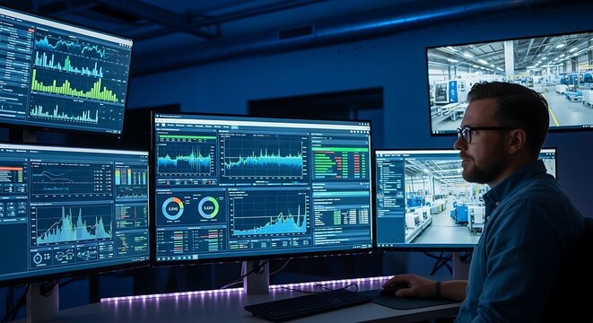 Man working on computer screens technology.