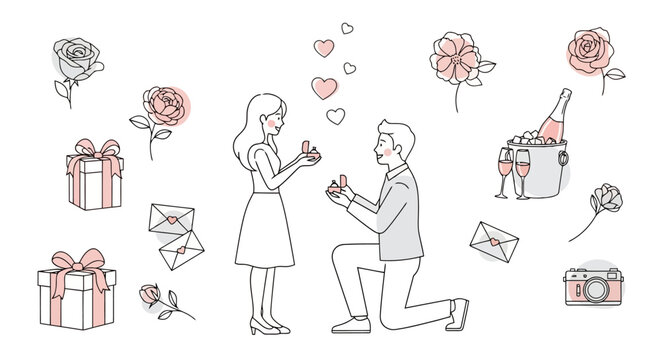 Man proposes to woman with engagement ring, surrounded by hearts.