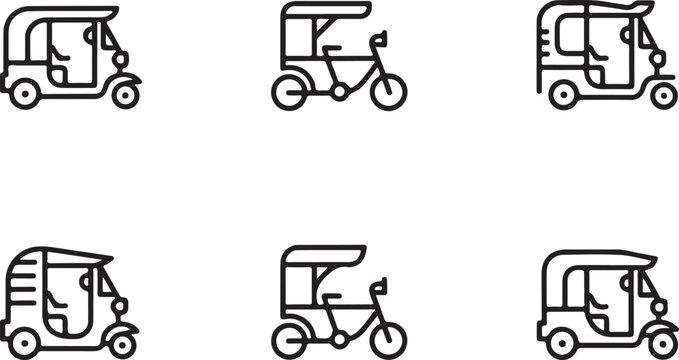 Classic tuktuk rikshaw black line vector icon set. Asian travel theme icon in flat outline stroke line art