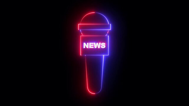 Glowing neon press microphone icon isolated on black background. news microphone icon, reporter mic for interview or press conference. 4k video animation.