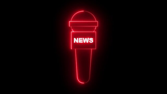 Glowing neon press microphone icon isolated on black background. news microphone icon, reporter mic for interview or press conference. 4k video animation.