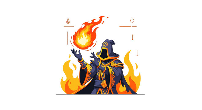 Enigmatic sorcerer casting fireball, surrounded by blazing flames in vivid illustration