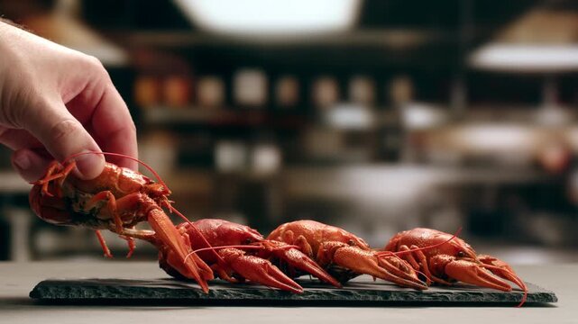 Boiled European crayfish Astacus astacus river seafood freshwater cooked crustacean, noble crayfish, or broad-fingered crayfish, traditional food source.