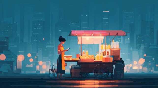 Street Vendor Using AI Chatbot for Customer Orders in a Vibrant Cityscape at Night
