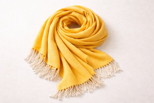 Elegant yellow wool scarf with fringes folded in spiral shape on white textured surface.