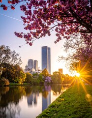 Obraz premium Blooming trees frame a sun-drenched cityscape reflected in tranquil water