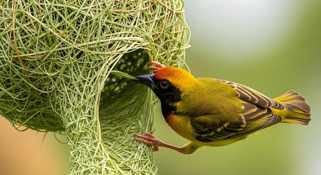 Baya Weaver bird skillfully weaving a complex grass nest in a lush green natural environment