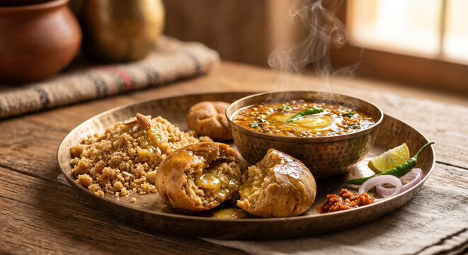 Rajasthani Dal Baati Churma with Rich Ghee and Spicy Dal. Traditional Rajasthani meal featuring baked wheat balls, lentils, and sweet crumbled wheat, served in a royal ethnic setup.