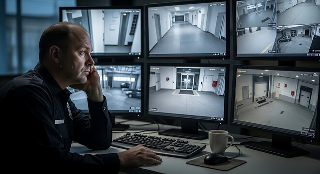 Security guard monitoring multiple screens.