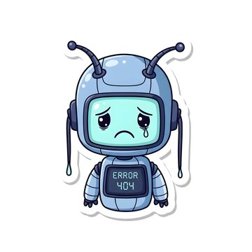 Blue robot character with a sad face and tears on its monitor.