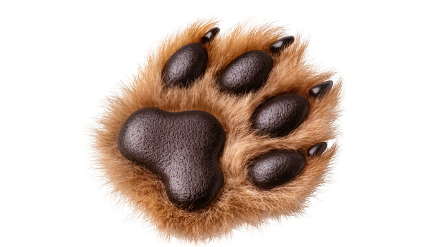 Fluffy brown dog paw with dark pads and sharp claws, isolated on transparent background