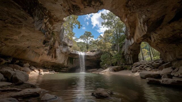 Beautiful nature scene with a waterfall pouring through a circular cave roof opening, creating dramatic light, mist, and a serene hidden landscape.