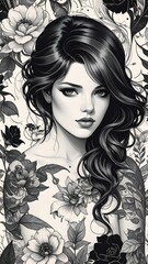 Fototapeta premium Black and white illustration of a woman surrounded by flowers, with floral tattoos. Her gaze is soft and direct