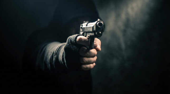 Hooded man pointing handgun at camera, armed threat and violent crime concept on dark background. 