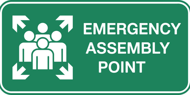 Emergency, assembly point sign label banner poster, safety evacuation symbol, isolated printable vector illustration template design.