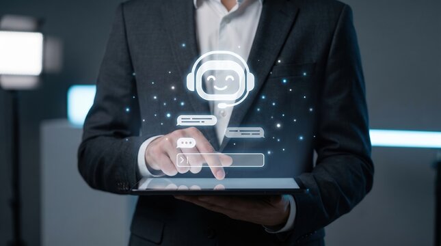 Hand touching holographic AI chatbot interface on tablet for business digital transformation with interface, touching