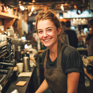 A smiling barista stands behind a busy coffee shop counter, surrounded by coffee equipment and warm lighting.