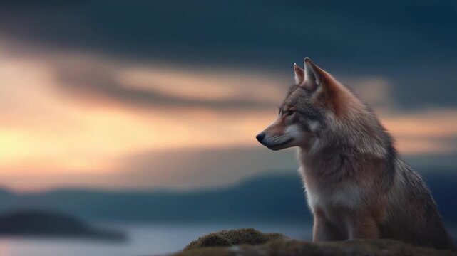Wild wolf sitting on high ground, gazing into the distance at sunset, capturing solitude, instinct, and the beauty of nature in golden light.