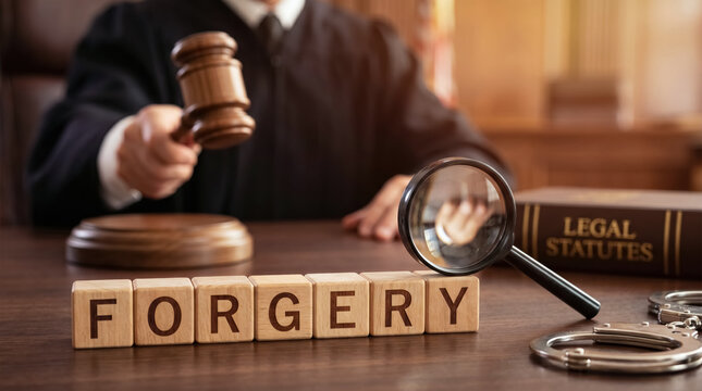 Forgery investigation with judge gavel, magnifying glass and handcuffs, legal crime and document fraud concept. 