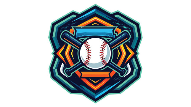 Vibrant geometric baseball emblem with crossed bats and stitched ball in angular neon shield design