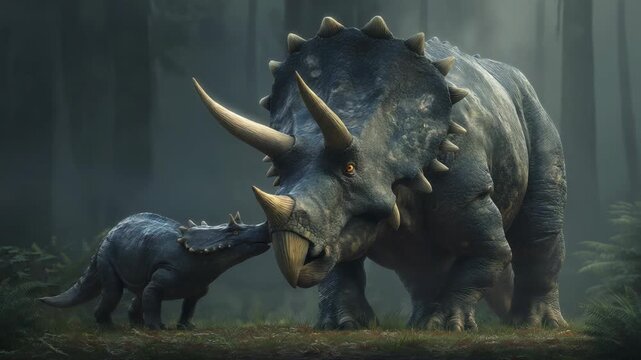 Triceratops mother and calf in an ancient forest, surrounded by lush vegetation, capturing prehistoric life, protection, and the bond between parent and offspring.