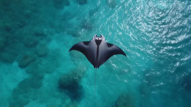 A solitary manta ray glides through turquoise waters, a moment of serene beauty.