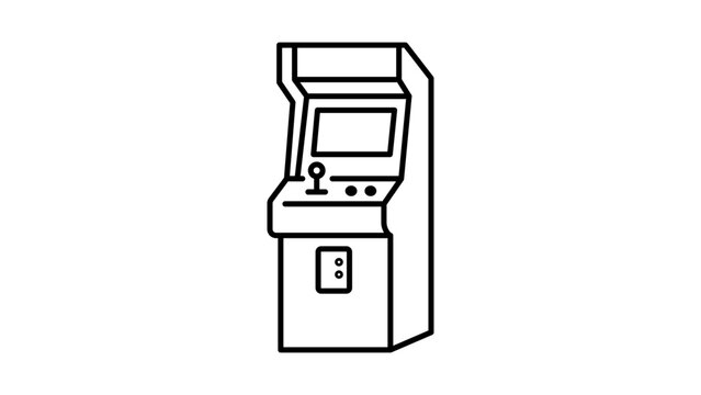 Retro arcade cabinet machine vector icon illustration featuring a minimalist black line design with an editable stroke, adjustable line weight, and classic joystick on white background.
