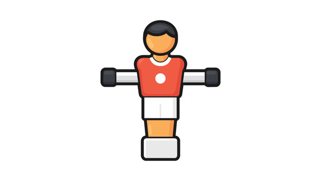 Foosball player vector icon illustration, modern flat design of a table soccer game piece in a red jersey and white shorts, perfect for sports apps, gaming websites, and recreational graphics.