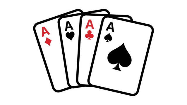 Modern flat vector icon illustration of a fanned set of four Ace playing cards including Spades, Hearts, Clubs, and Diamonds. Clean, scalable graphic design for casino, poker, and gaming themes.
