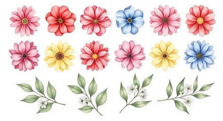 Obraz premium Watercolor floral collection with leaves and vibrant blooms