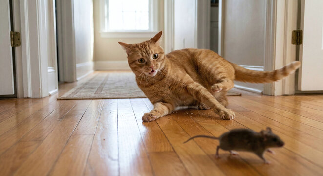 Cat chasing mouse on floor in house