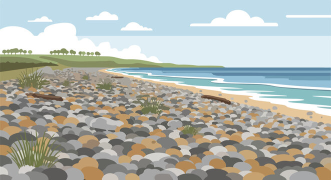 Flat Vector Illustration of a Scenic Pebble Beach Coastal Landscape with Blue Ocean Waves and Green Hills