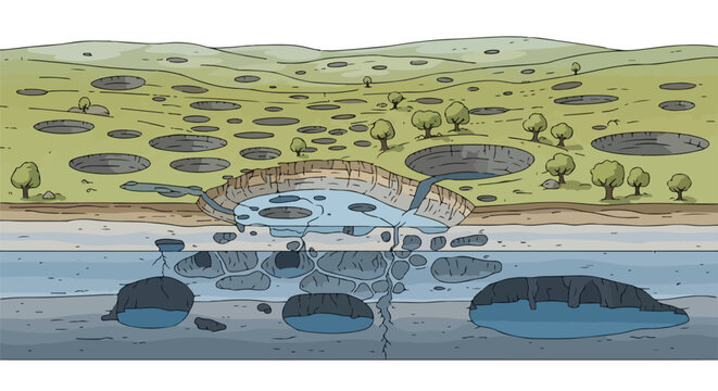 Cross-section Illustration of Sinkhole Formation and Karst Topography with Underground Caves and Water Channels