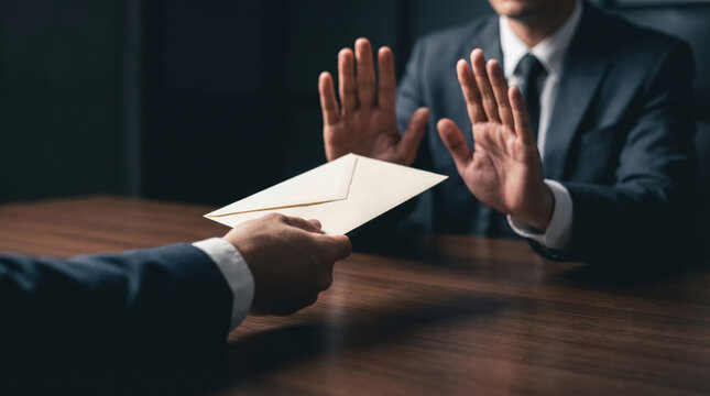 Politician or businessman refusing bribe envelope at meeting table, anti corruption and bribery concept. 