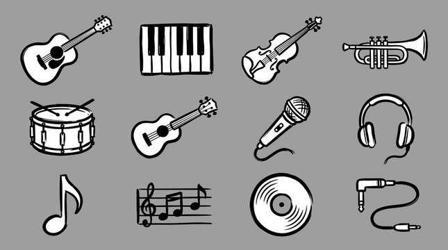 Musical Instrument Icons Set: Hand-Drawn Vector Brushstroke Graphics, Acoustic Guitar, Piano, Violin, Drums