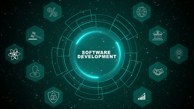 Software development lifecycle concept with modern programming system and digital engineering technology animation background 4k