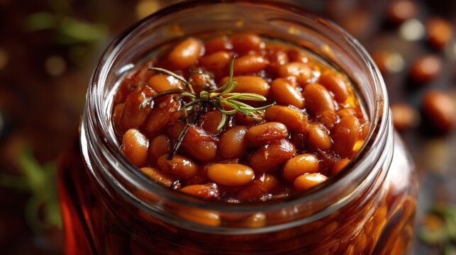 premium Close-up of Baked Beans in a Glass Jar with Rosemary Garnish background