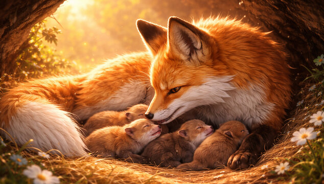 Fox Mother and Cubs Resting in Nest - A fox mother lies down peacefully with her young cubs resting close around her.