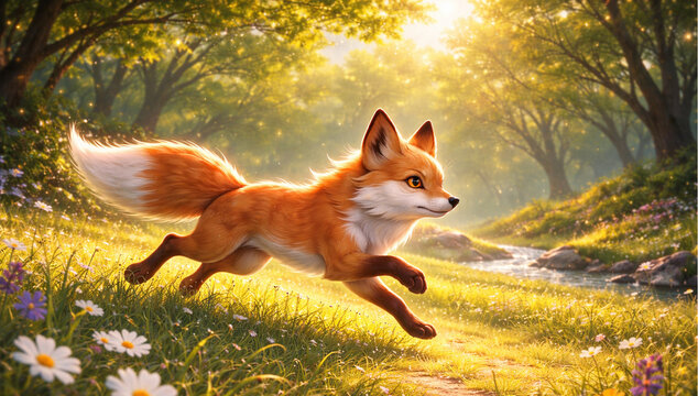Running Fox Through Summer Sunlit Meadow - under a bright open sky. Vibrant summer greens and golden sunlight flood the scene as the fox moves with speed and confidence through tall grasses.