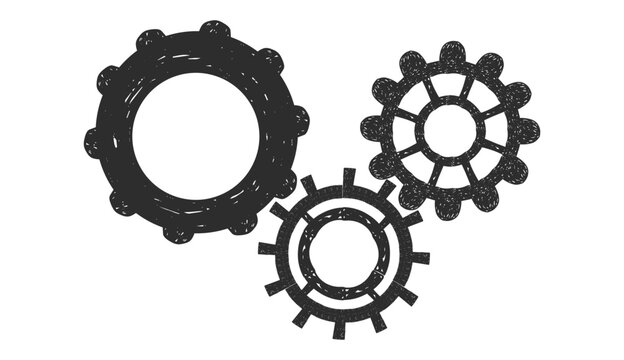 Gear machine wheel icon, cog hand drawn sketch. Crayon rero settings cogs and gears line clipart, textured design elements. Setting gear icon. 