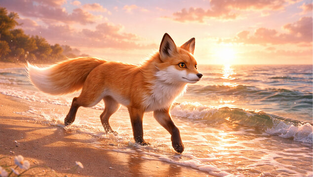 Fox Walking by Sunrise Shoreline - A single fox walks leisurely along a calm sunrise shoreline, bathed in soft morning light.