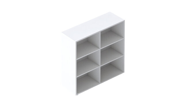 Empty white modular shelf unit with six compartments for organized storage, isolated on a clean background in a minimalist studio setting