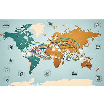 Colorful lines illustrate complex global data and trade exchange across continents on a stylized world map