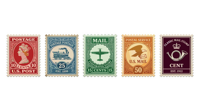 Five colorful vintage postage stamps featuring various historical transportation and symbols like a steam train, airplane, eagle, and a royal profile, representing different eras of mail service.